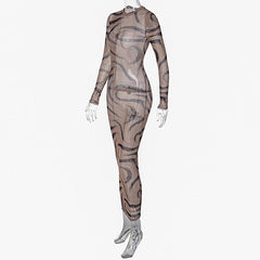 Sheer mesh see through long sleeve contrast print maxi dress