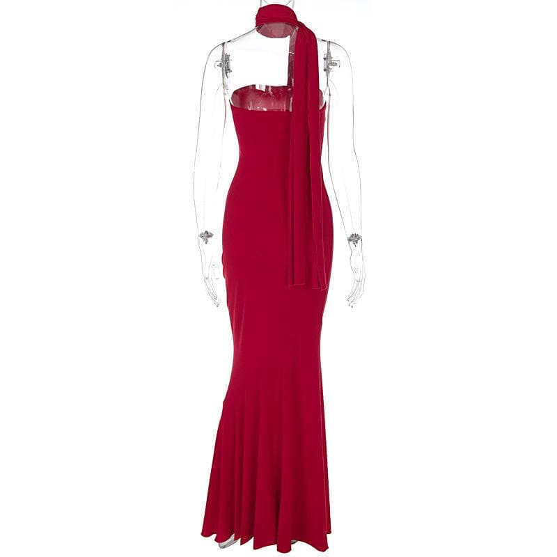 Ribbed ruffle solid backless sleeveless tube maxi dress