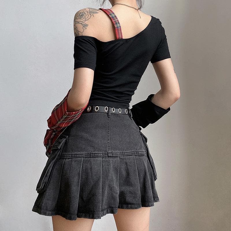 Patchwork irregular plaid contrast gloves off shoulder short sleeve top