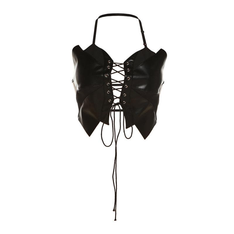 Solid PU leather hollow out halter lace up backless crop cut out top