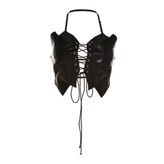 Solid PU leather hollow out halter lace up backless crop cut out top