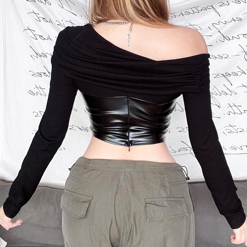 Off shoulder ruched patchwork PU leather long sleeve crop top