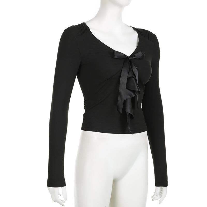 Patchwork solid long sleeve bowknot v neck top