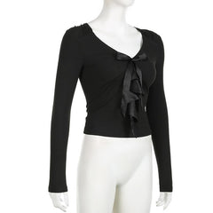 Patchwork solid long sleeve bowknot v neck top
