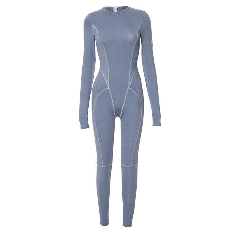 Stitch long sleeve crewneck zip-up jumpsuit