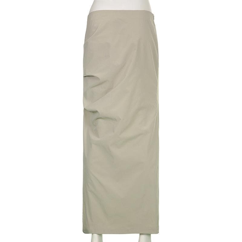 Ruched solid zip-up slit cargo maxi skirt