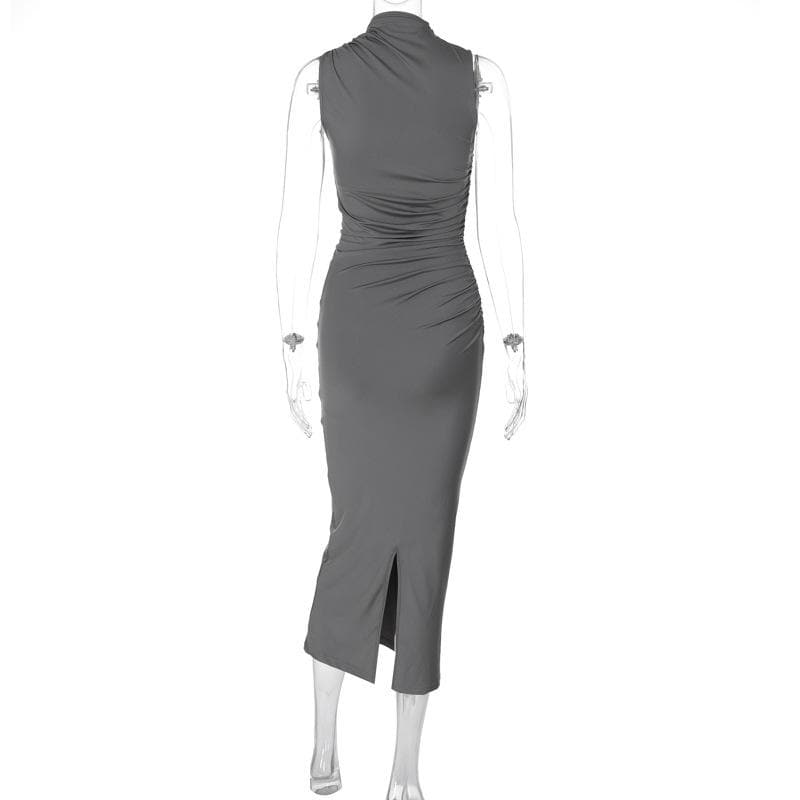 Turtle neck ruched solid sleeveless slit midi dress