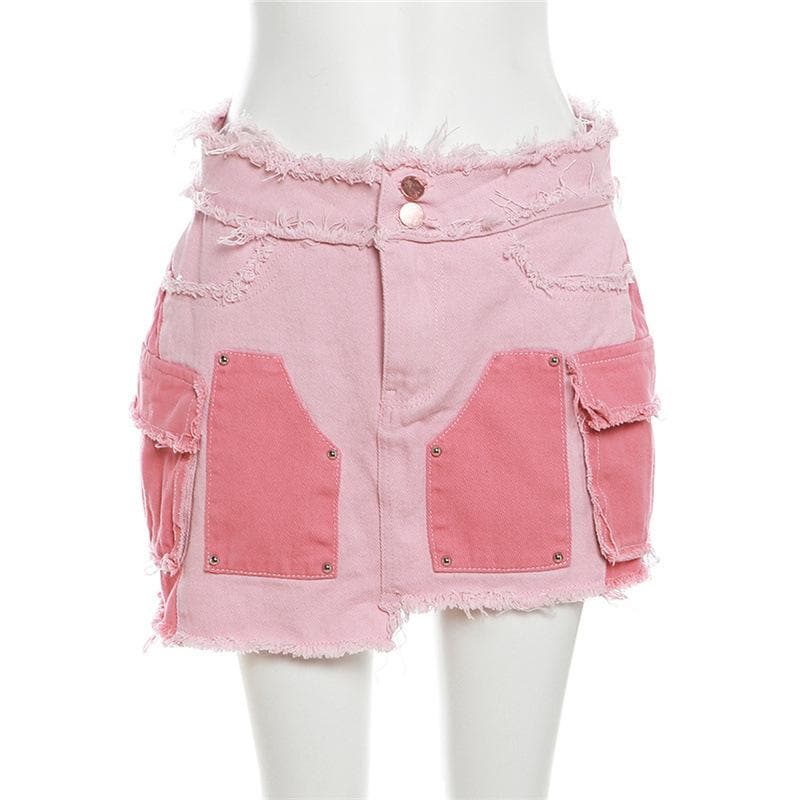 Pocket zip-up button raw hem contrast irregular denim mini skirt set