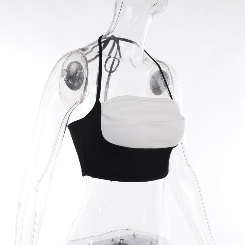 Pleated contrast patchwork halter backless crop top