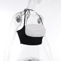 Pleated contrast patchwork halter backless crop top