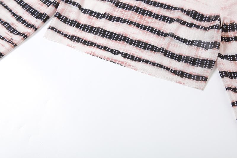 Sheer mesh striped see through long sleeve contrast pant set