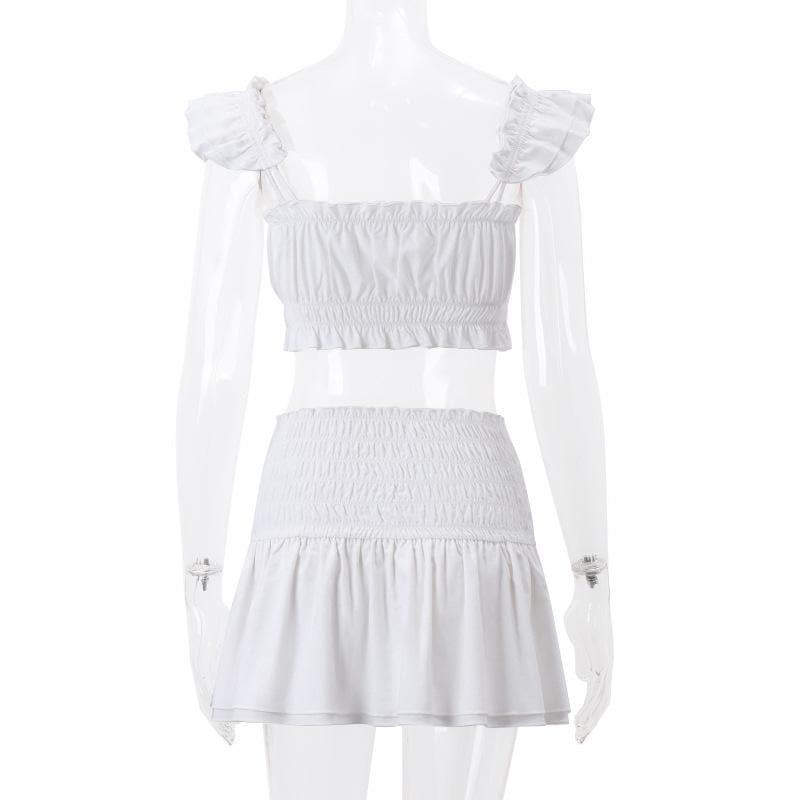 Smocked solid cap sleeve ruffle button mini skirt set