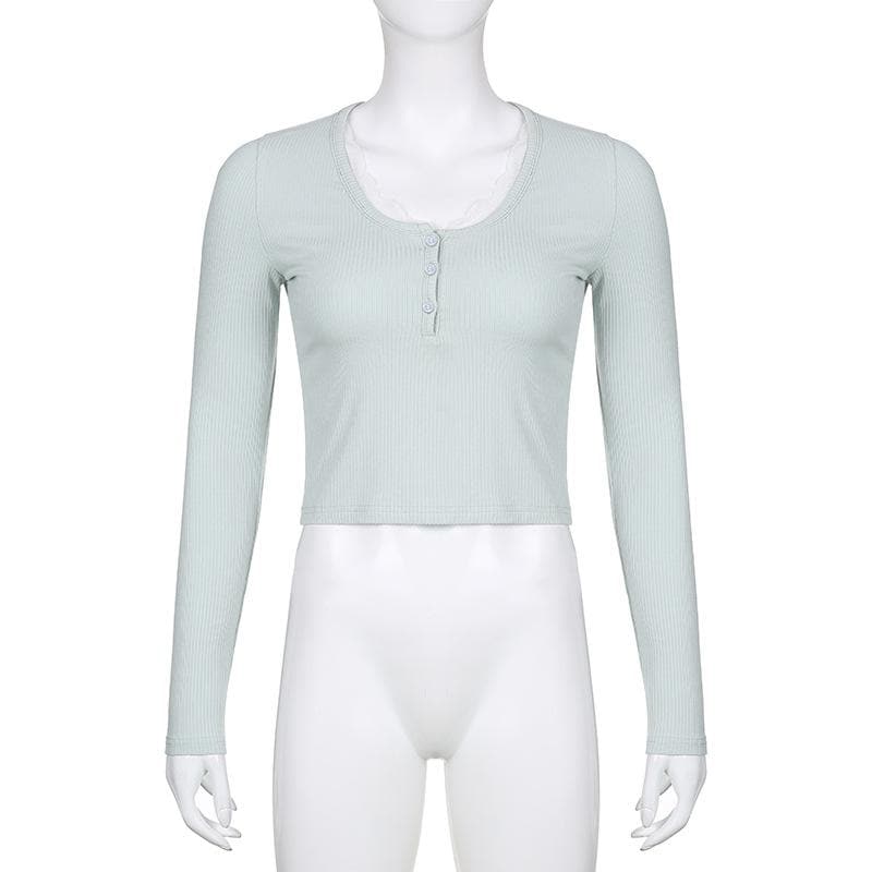 Ribbed lace hem long sleeve round neck button crop top
