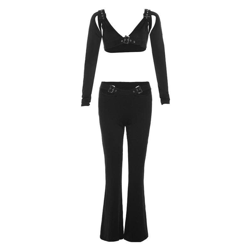 Buckle hollow out solid long sleeve backless v neck pant set
