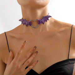 Wing heart ring button PU choker necklace