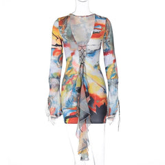 Lace up contrast flared sleeve self tie tie dye mini dress