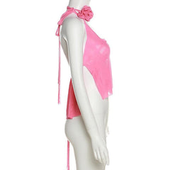 Sheer mesh see through flower applique v neck halter ruffle backless crop top