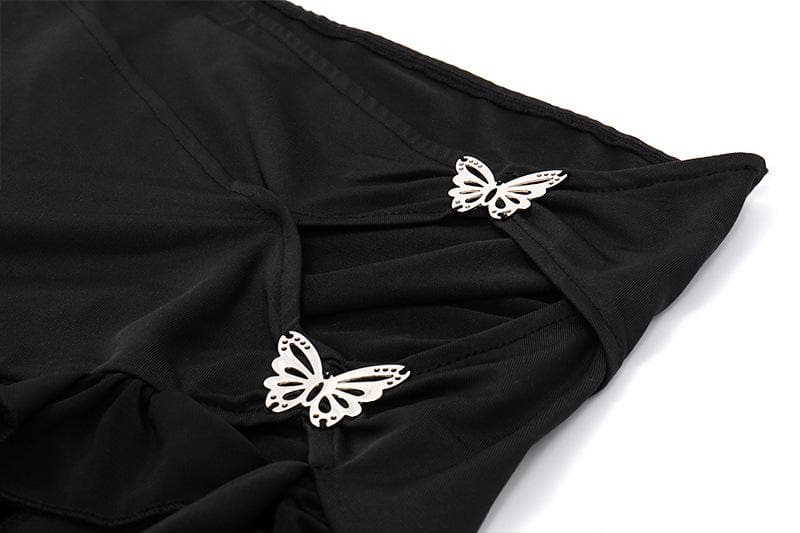 Irregular hollow out ribbon butterfly applique solid ruffle mini skirt