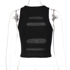 Sleeveless crewneck hollow out beaded contrast crop cut out top