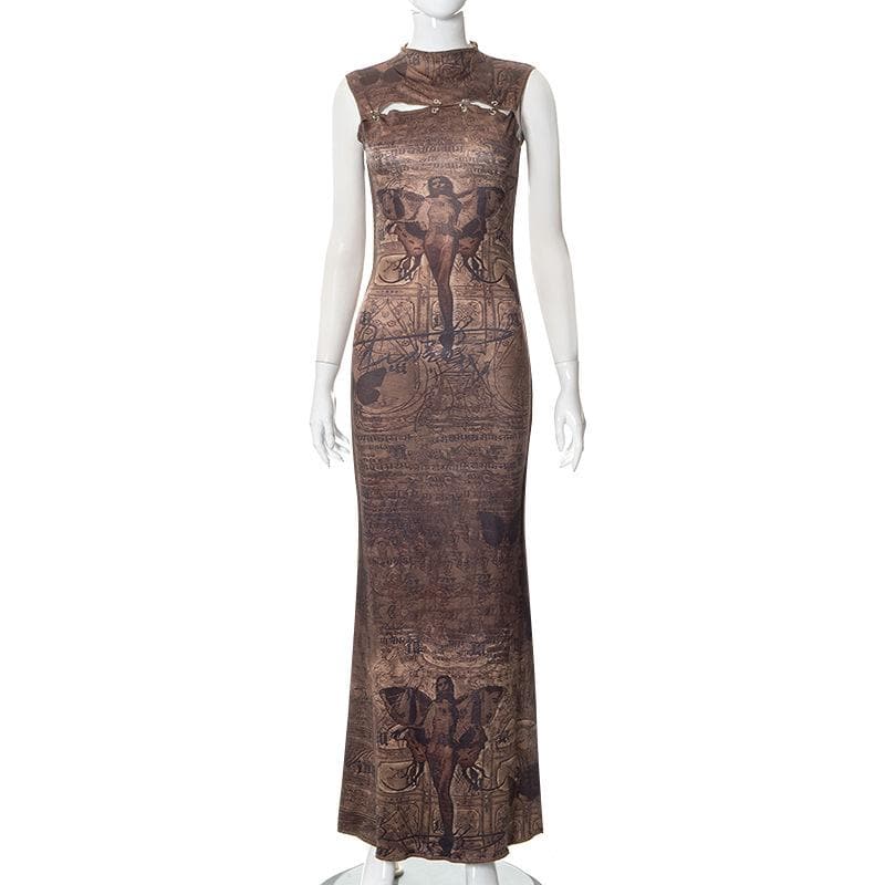 Abstract print hollow out stitch sleeveless midi dress