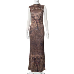 Abstract print hollow out stitch sleeveless midi dress