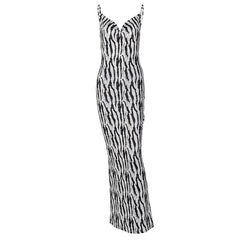 Zebra print contrast cowl neck backless slit low cut midi dress