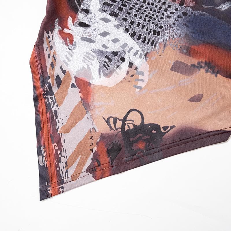 One shoulder irregular contrast print top