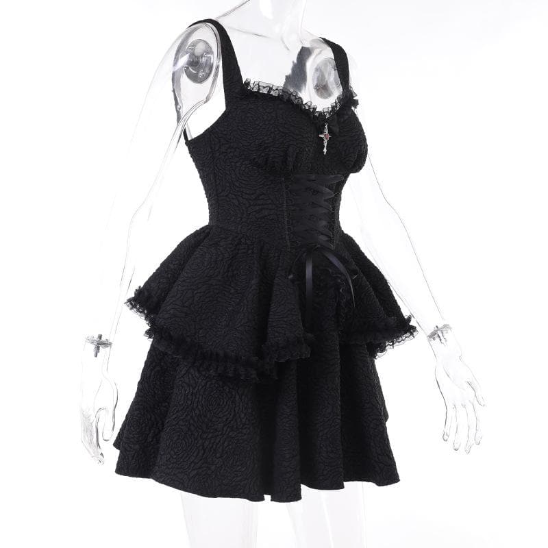 Backless lace up zip-up textured solid lace hem mini dress