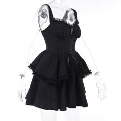Backless lace up zip-up textured solid lace hem mini dress