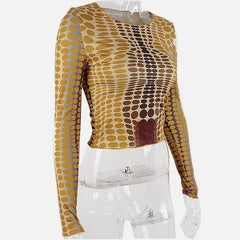 Contrast polka dot round neck long sleeve top