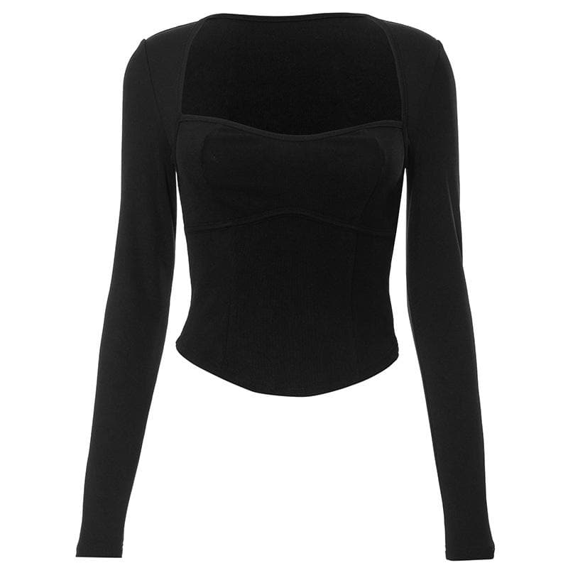 Ribbed long sleeve heart neck solid corset top