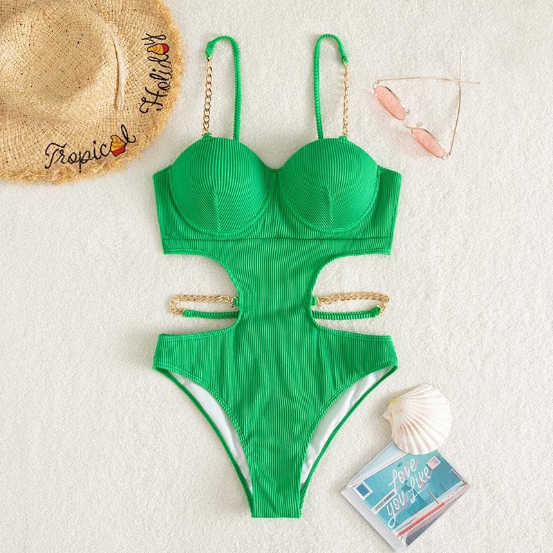 Metal chain button padded solid self tie one piece swimwear