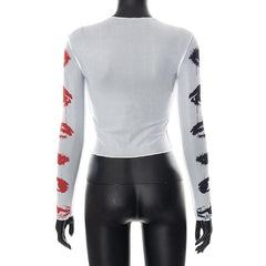 Mesh see through crewneck print ruffled crop top