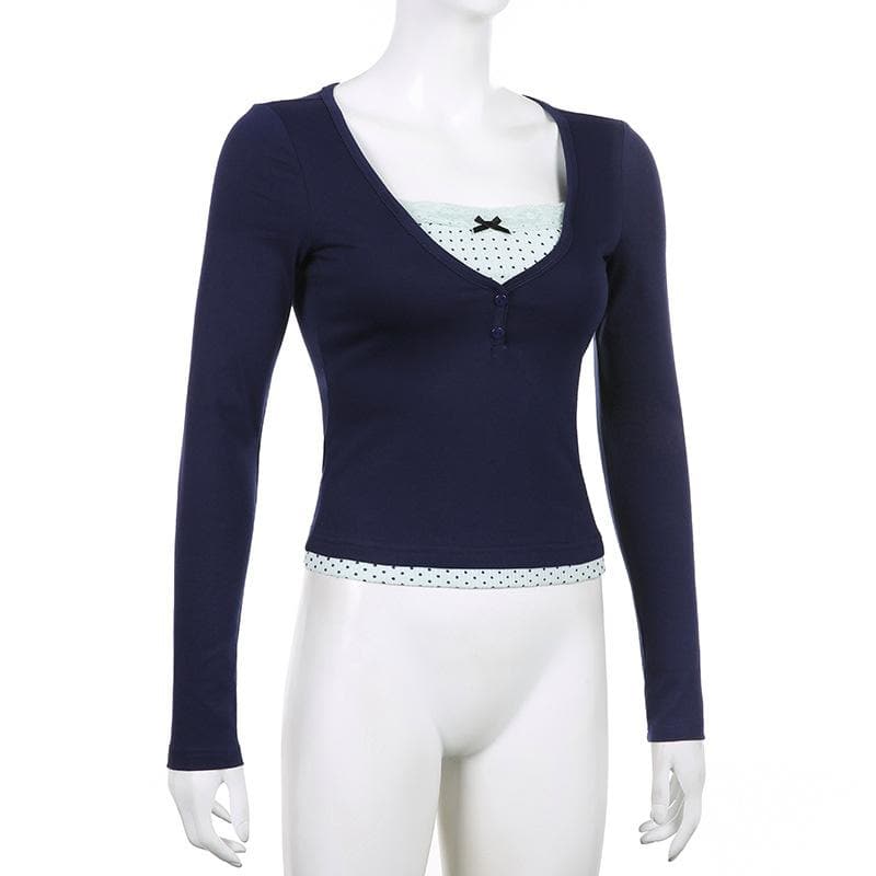Polka dot patchwork long sleeve lace hem button top