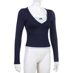 Polka dot patchwork long sleeve lace hem button top