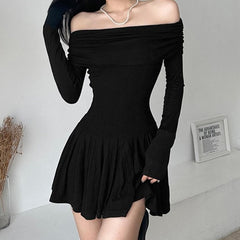 Pleated off shoulder long sleeve solid ruched mini dress