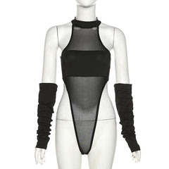 Sleeveless mesh see through gloves button gloves bodysuit