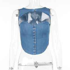 Hollow out button sleeveless corset low cut denim cut out top