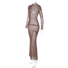 Sheer mesh see through high neck long sleeve beaded maxi dress