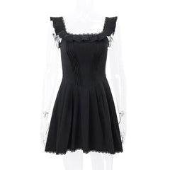 Cap sleeve square neck ruffle pleated solid zip-up mini dress