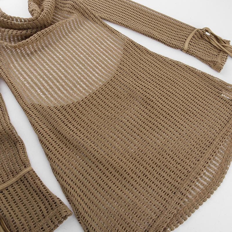 Crochet see through cowl neck long sleeve hollow out mini dress
