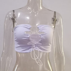 Double layered hollow out self tie backless solid lace up halter cut out top