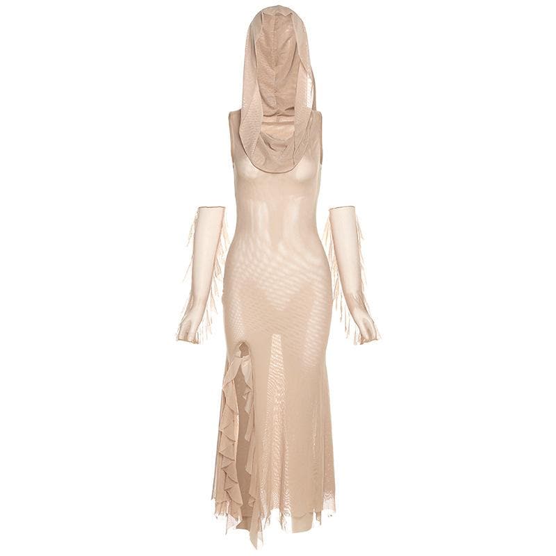 Sleeveless solid mesh slit gloves hoodie midi dress