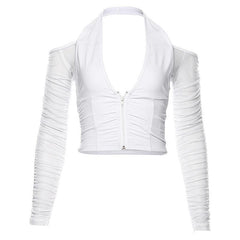 Off shoulder solid long sleeve mesh halter zip-up low cut crop top