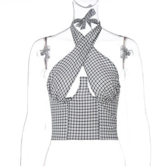 Sleeveless backless halter hollow out plaid cut out top