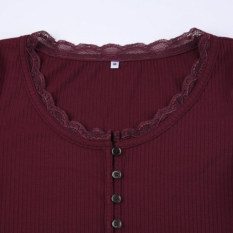 Ribbed long sleeve lace hem button solid top