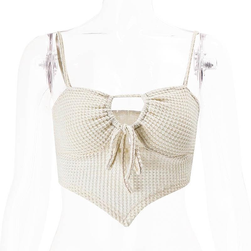 Textured drawstring square neck solid hollow out cami cut out top