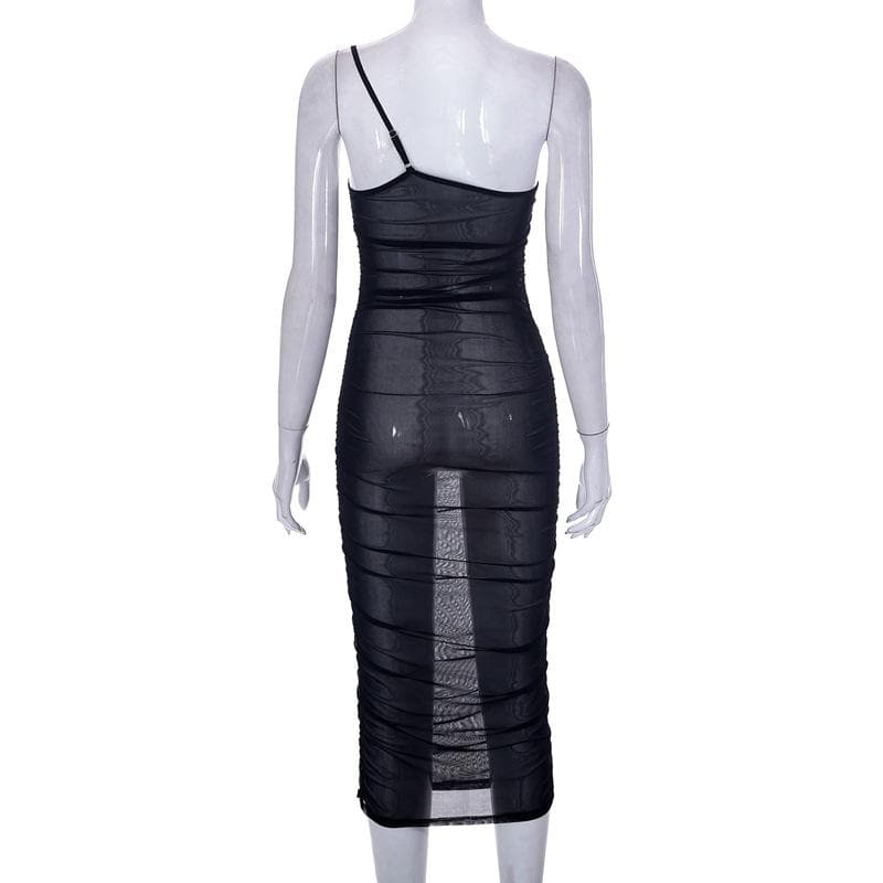 Sheer mesh see through one shoulder ruched irregular midi dress