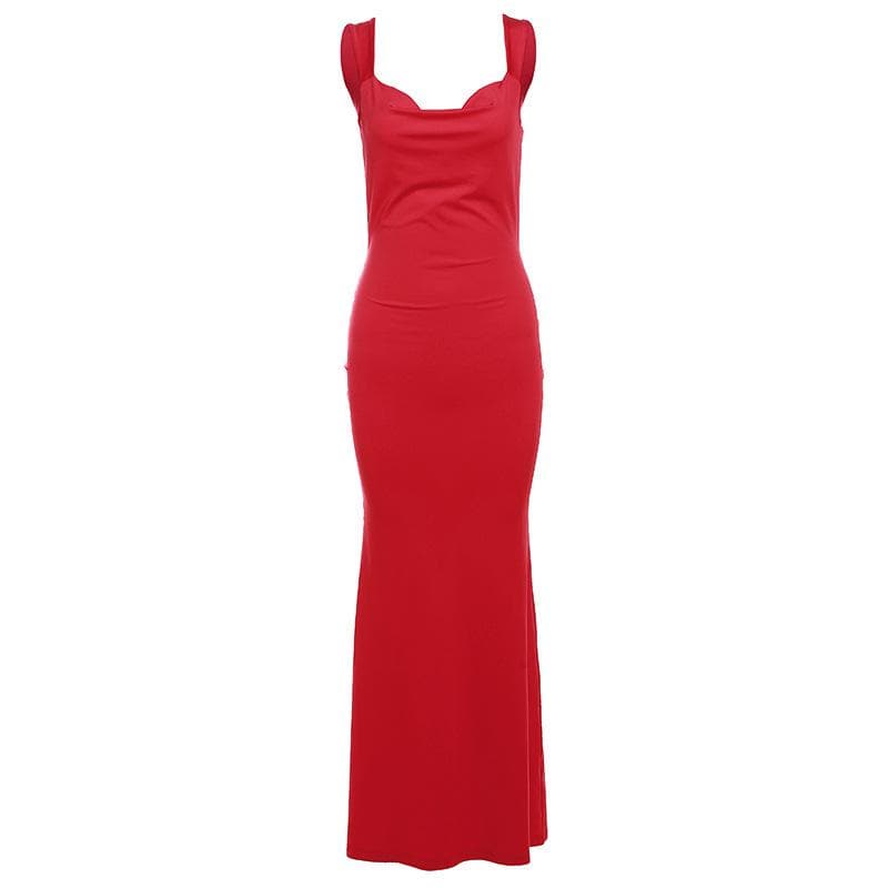Cowl neck bowknot backless solid cami maxi dress