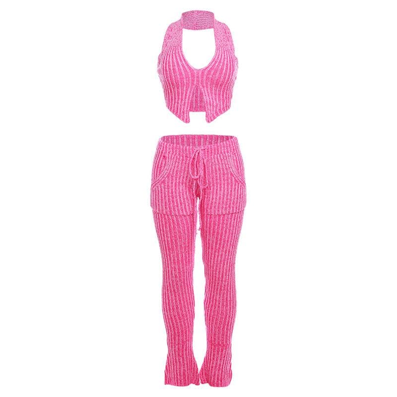 Textured striped contrast halter slit pocket v neck pant set